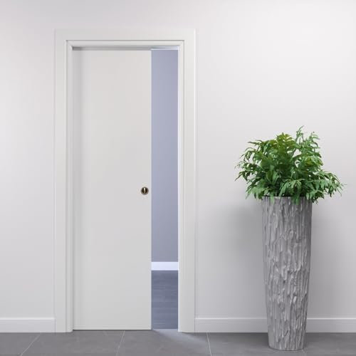 Porte Italiane, Porta Scorrevole Interno Muro, Porta a Scomparsa in Legno, Telaio in HDF e Coprifili Waterproof, Colore Bianco, 70x210 cm, con Serratura Ottone Lucido