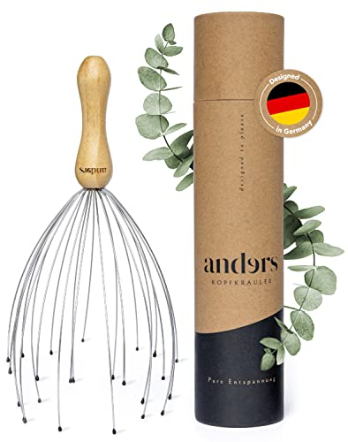 Anders® - premium Kopfmassage Spinne (24 Finger) Bambusgriff - angenehmes Kopfmassagegerät mit nachhaltiger Geschenkverpackung