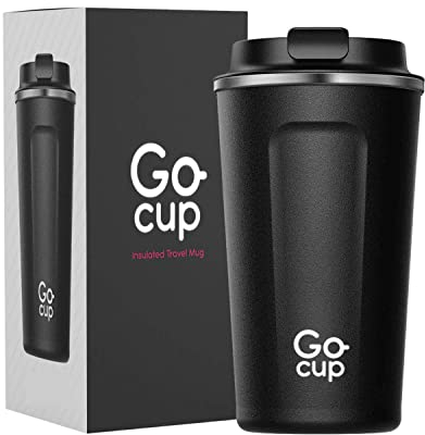 GoCup Travel Mug, Insulated Coffee Cup - Vacuum Insulation Stainless Steel Mug for Hot and Cold Drinks Black, 510ml