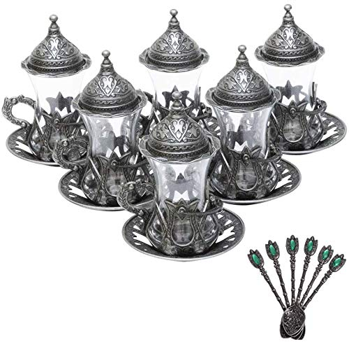 Alisveristime (Set of 6 Handmade Turkish Tea Water Zamzam Serving Set Glasses Saucer and Spoon (Black)