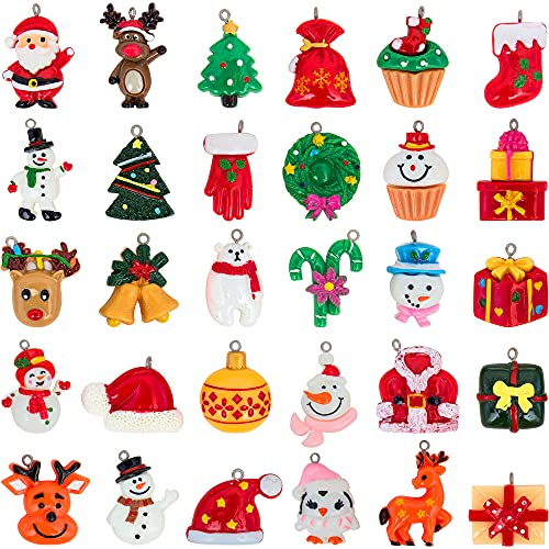 NEWURBAN Lot de 30 Mini décorations en résine pour Sapin, Petites Figurines – Père Noël, Bonhomme de Neige, Ours, Renne, Cloches et Bonbons