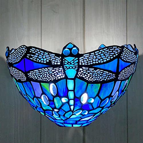 Tiffany Wall Light 12 inch Sapphire Blue Dragonfly - Stained Glass Sconce | Tiffany wall sconce with handcrafted stained glass shade. For hallway, corridor, lounge, bedroom or stairway.