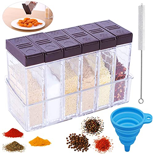 QIQN Gewürzstreuer Camping Gewürzbox Kunststoff Gewürzdosen mit Trichter, Bürste für Aufbewahrung Küche Salz Pfefferstreuer Gewürze Küchengewürzen (8er Set)