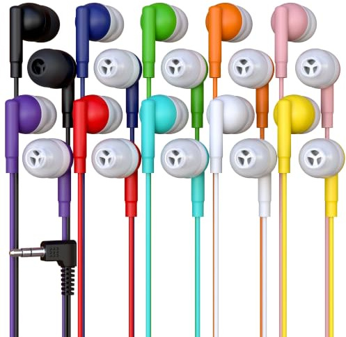 10 Pack Bulk Headphones, Wired Earbuds for Kids, Teens, Adults, Affordable In-Ear with 3.5mm Plug, Perfect for Schools, Classrooms, Libraries, Museums, Multipack for Wholesale, Multi Color