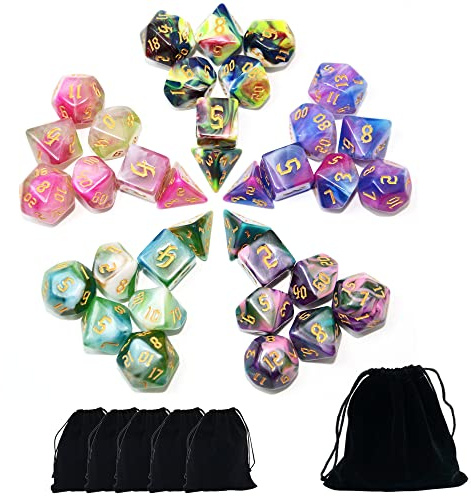 SmartDealsPro Set med 5 x 7 polyhedrala tärningar med påsar för DND RPG MTG Dungeon and Dragons bordsskiva rulle spelspel D4 D8 D10 D12 D20