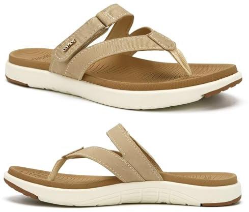 COFACE Womens Orthopedic Flip Flops Ladies Slip On Athletic Yoga Memory Foam Cushion Recovery Walking Thong Sandals Summer Beach Pool Slippers Comfortable Plantar Fasciitis Arch Support Beige Size 8.5