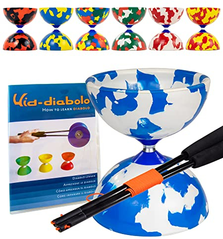Juggle Dream Jester Diabolo Jonglierset – Fester Achse Profi-Diabolo mit Superglass-Handstäben, Online-Lernvideo – Jonglierspielzeug (Blau/Weiß)