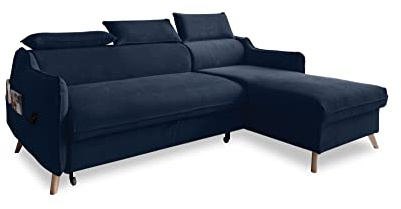 MIUFORM Sweet Harmony mit Bettkasten | 4 Sitzer Sofa | L-Form rechts | 228 x 162 x 82cm | Klappsofa mit Schlaffunktion und mit Kopfstütze | Easy Clean Stoff Samt (Navy blau) | 4 Sitzer Sofa mit Schlaffunktion, Sofa L Form mit Chaiselongue und Kopfstütze, 228x162x82cm, Ecksofa mit Schlaffunktion
