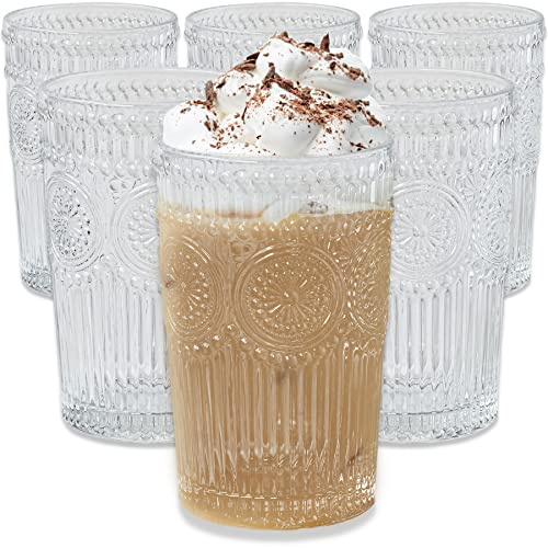 Kate Aspen Vintage Textured Clear Striped Drinking Glasses Set of 6, (13 oz) Ribbed Glassware Set with Flower Design | Cocktail Set, Glass Cups, Iced Coffee Cup