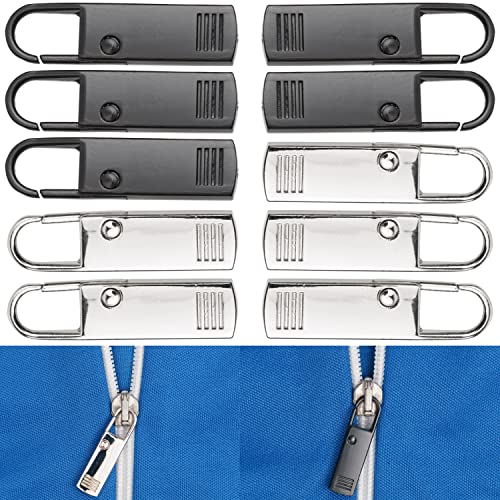 Reißverschluss Anhänger zur Reparatur, 10 Pack, aus Metall, je 5 x Schwarz und Silber, Ersatz Zipper für Reissverschluss, Verschluss Schieber für Jacke, Mantel, Koffer, Jeans, Tasche, RV Puller Lasche