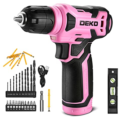 DEKOPRO 8V Cordless Drill Set, 3/8 Keyless Chuck, 42pcs Accessories, Built-in LED, Type-C Charge, Pink Power Drill for Drilling and Screws