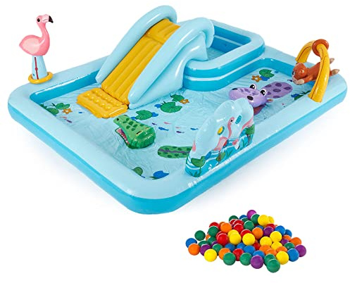 Intex 96 x 78 x 28 Ft Inflatable Jungle Adventure Play Center Spray Kiddie Pool & Small Plastic Multi-Colored Fun Ballz for Ball Pit, 100 Pack
