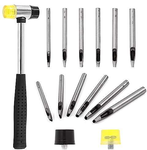 Swpeet 9Pcs 6 Size Leder Hohl Punch Set, 2-10mm Leder Oval Loch und Double-Faced Soft Hammer Mallet, Hohl Stanzen und Gummi Hammer mit 2-Pcs Ersatz Kopf für Crafting