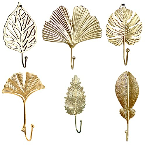 6 Stück Blattform Metall Kleiderhaken Gold Kreative Haken,Dekorative Wandhaken Garderobe für Jacken, Schals, Taschen, Rucksäcke, Handtücher,Retro Haken Wand für Garderobenhaken Badezimmer Küche
