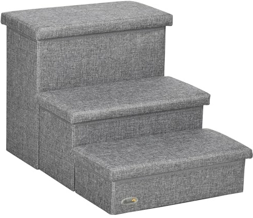 PawHut Escalera para Mascotas de 3 Peldaños Escalones para Perros Gatos con Tapas Abribles y Espacio de Almacenamiento 63,5x42,5x40,5 cm Gris