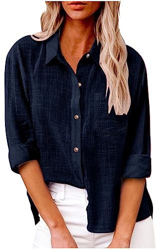SMIDOW Camisa de algodón y lino con botones para mujer