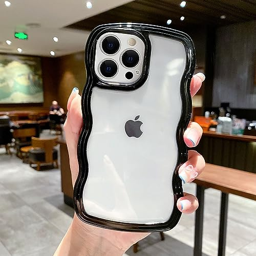 QLTYPRI Kompatibel mit iPhone 15 Pro Max Hülle, iPhone 15 Pro Max Transparent Case Aesthetic Curly Handyhülle Frauen Mädchen Girls Süßes Wellen Design Silikon TPU Bumper Schutzhülle - Schwarz