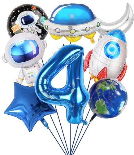 Rymdfödelsedag dekoration 1–9 år set, astronaut raket folieballonger, siffror 4 ballonger, universumballonger för pojkar, barns födelsedag, rymden, fest, dekoration (4 år)