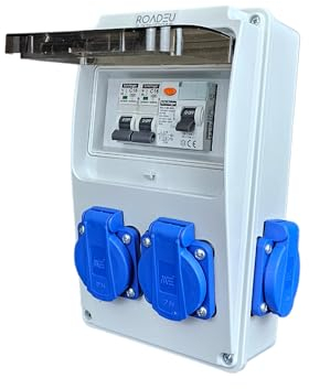 RoadEu - Stromverteiler 230V - 4x Schuko Steckdose mit Schalter - Steckdosenverteiler mit Fi Schutzschalter 40A und 2x C 16A. Baustromverteiler IP44