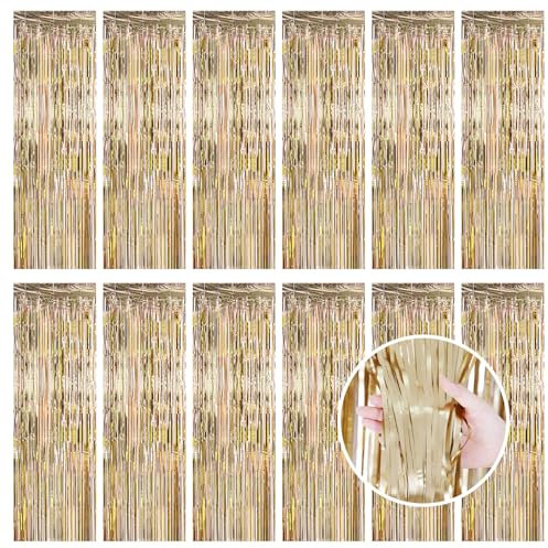 12 Pcs Champagne Gold Metallic Tinsel Foil Fringe Curtains, 3.3ft x 8.2ft Tinsel Streamers Backdrop Door Curtains Hanging Streamers for Birthday Wedding Christmas Party Supplies(1m x 2.5m)