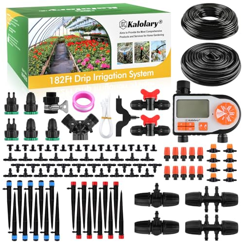 Kalolary Drip Irrigation Kit, 184 Ft Adjustable Garden Watering System with Timer,PCS Blank Distribution Watering Drip Tubing Kits for Patio Lawn Garden Greenhouse Flower Bed