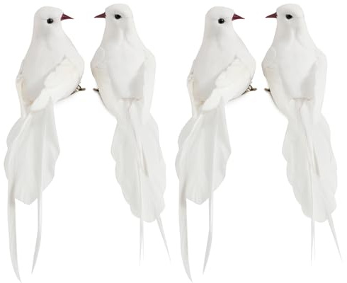 BETESSIN 4Pcs Künstliche Taube Vogel Deko Figuren Künstliche Vögel Deko mit Clip Weiß Vogelfigur mit Halterungsklammer Mini Vogel Dekofigur für Garten Frühling Deko Party Dekoration