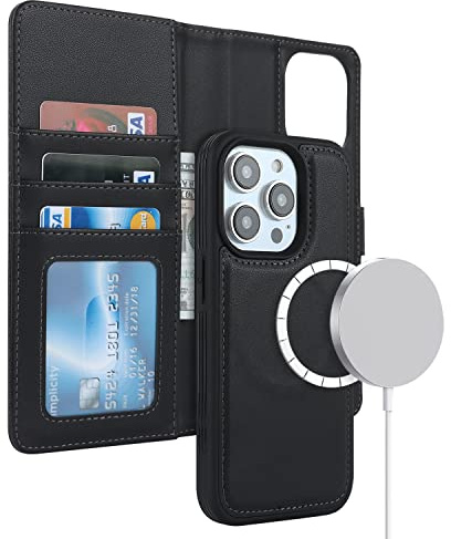 ELTEKER Hülle für iPhone 15 Pro Max Handyhülle [Abnehmbare Magnetische] [Kabelloses Laden Kompatibel] Klapphülle Lederhülle Schwarz