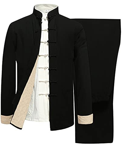 MYIESAXL Mens Chinese Traditional Cotton Linen Long Sleeve Kung Fu Clothing Tai Chi Uniform Men Wing Chun Clothes, Tang Suit Hanfu Jacket Shirt Coat Martial Arts Suit