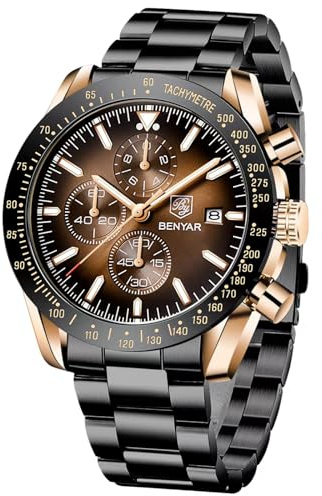 BY BENYAR - Orologio da uomo, cronografo da uomo, movimento al quarzo, cinturino in pelle, orologio sportivo, alla moda, 30 m, impermeabile, antigraffio, regalo elegante, Marrone dorato1, Bracciale