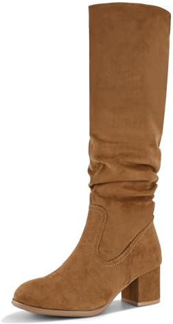 Shoe'N Tale Women's Knee High Boots Chunky Heel Pointed Toe Suede Slouch Winter Shoes with Side Zipper, Brown, 4.5 UK