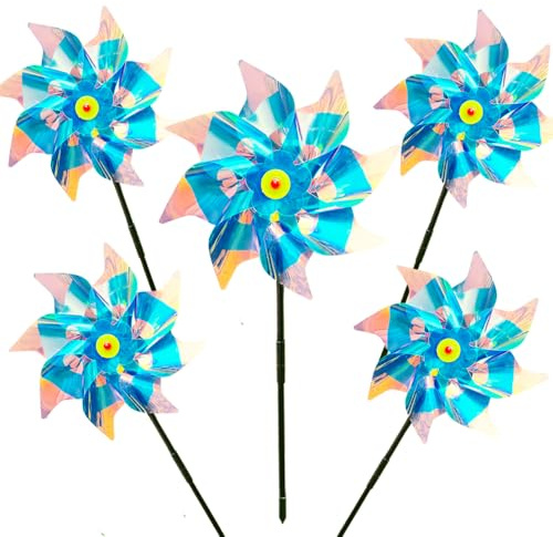 Reflective Bird Scarer Windmill,Repellent Windmills Scare Birds pigeons deterrent,Colorful Rainbow Pinwheel wind spinners for protection of garden crops, fruits, flowers, lawns (5Pcs-G)