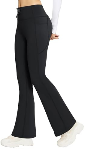 baleaf Women's Thermal Flared Leggings Fleece Lined Yoga Pants with 4 Pockets Drawstring High Waisted Bootcut Trousers