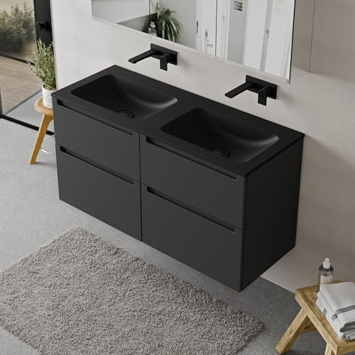 BERNSTEIN Badmöbel-Set Vireo, Waschtisch-Unterschrank mit Mineralguss-Waschbecken 120cm in Anthrazit matt - CREAM - Schwarz matt ohne Hahnloch - 2 Schubladen, Badmöbel, 5 Jahre Garantie
