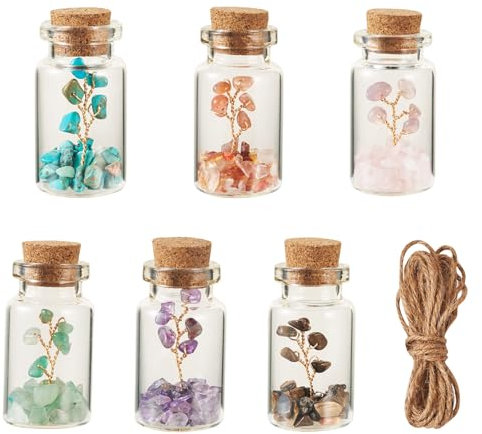 Sparkeads 12 Stück Edelstein-Wunschflaschen, Tigerauge, Amethyst, Baum des Lebens, Steinperlen, Glasflaschen mit Korkverschluss, für Zuhause, Büro, Dekoration, Geburtstag, Frauen, Baumdekoration,