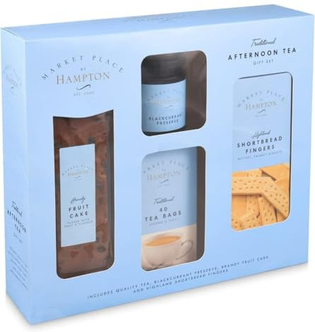 Traditional Afternoon Tea Hamper Gift Set - Set of Brandy Fruit Cake, Blackcurrant Jam Preserve, 40 Quality Tea and Highland Shortbread Fingers - Christmas Hamper Gift