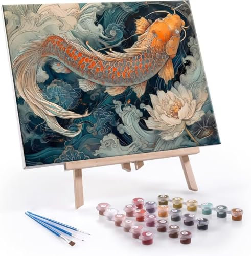 Hyupuanj Carpa Pintura por Números para Adultos Principiantes 20x30 cm, kit con Lienzo sin Arrugas, Pinceles y Pintura Acrílica, Pintura al óleo para Regalo Decoración del Hogar (Sin Marco) I-309