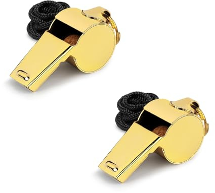 iDIGMALL Gold Whistle with Lanyard, Loud Crisp Sound Stainless Steel Sports Whistle, Durable Metal Whistle Referee Coach Whistles for Football Basketball Soccer School Lifeguard Emergency, Pack of 2