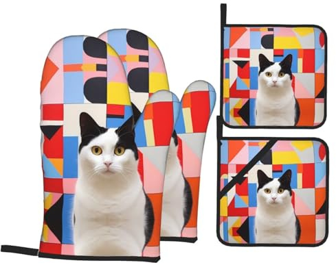 GGNKDL Set di 4 presine da forno con motivo gatto bianco con orecchie nere, impermeabili, resistenti al calore e durevoli