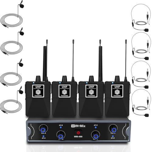 Wireless Microphone System,4-Channel UHF Wireless Mic,Fixed Frequency Mic Set with Headset/Lavalier Lapel Mics, Bodypack Transmitter, 260ft Range,for Karaoke Singing Party Church Wedding PA Speaker