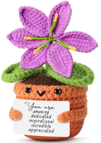 Ovrrcame Crochet Purple Lily Flower - Happy Birthday Gifts for Women, Friends, Coworkers – Positive Artificial Potted Plant Gift for Mom, Teacher, Her, Him - Easter Basket Stuffers & Mothers Day