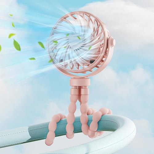 FAHOI Portable Stroller Fan, Small Rechargeable Personal Cooler with 360° Rotation, 3-Speed & Night Light, USB Rechargeable Stroller Fan, Baby Essentials for Car Seat, Crib, Bike, Treadmill (Pink)