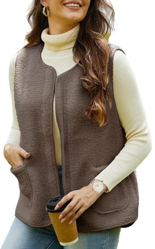 Joligiao Gilet Donna Morbido Gilet in Pile Senza Maniche Invernale Elegante Gilets Termico con Cerniera e Tasche pullover Smanicato Scollo a V Autunno Caldo Peluche Waistcoat Donna(Marrone,XXL)