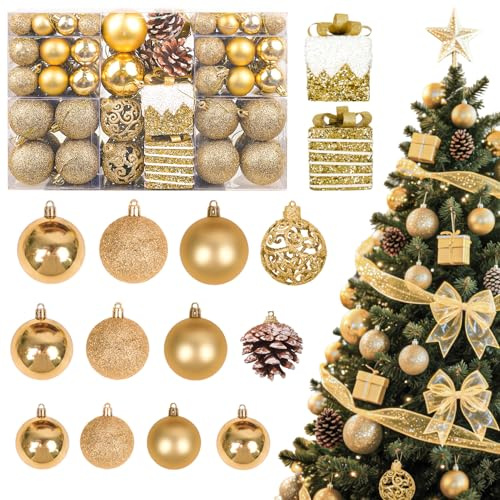 JHWELRG Weihnachtsdeko 101tlg Weihnachtskugeln Set,mit Gold Matt, Glänzend,Glitzernd,Weihnachtsbaumkugeln Kunststoff Set und Tannenzapfen Weihnachtsbänder für Adventskalender Weihnachtsbaum Deko