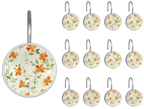 Lot de 12 crochets ronds décoratifs pour rideau de douche, style vintage, motif floral orange, feuilles vertes, antirouille pour tringles de douche et doublure