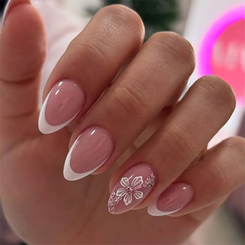 Press on Nails French Tip, Short Almond False Nails with Glue 24Pcs, French Pink Stick On Nails Featuring White Floral Accents & Glitter - Fake Nail Set for Easy Home Manicure & Gift Giving