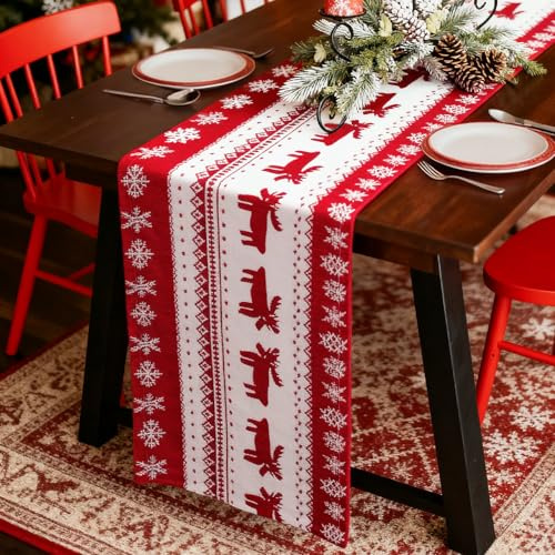 Weihnachten Tischläufer Weihnachtsdeko Innen Rot, Weihnachtstischläufer Tischdecke 33×180 cm Lang, Rechteckige Weihnachts Tischläufer Tischdeko Tisch Weihnachtsläufer Weinachtsdekorationen