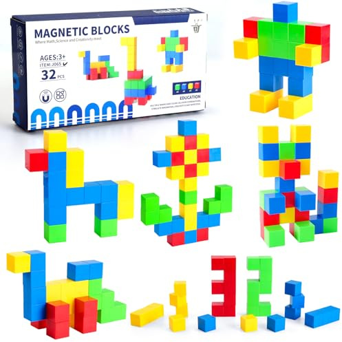 Coicok Magnetische Bausteine Blöcke für Kinder, 32 Stück Magnetbausteine Kinderspielzeug Puzzlebaustein Bausteine Spielzeug, Magnetwürfel Geschenke Geeignet für Jungen und Mädchen ab 3 Jahren