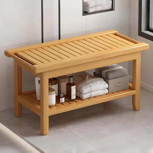 Panca da doccia in bambù con ripiano portaoggetti e maniglie, versatile scarpiera sgabello per uso interno/esterno, poggiapiedi ideale per doccia (dimensioni: B 80 cm, colore: tipo piatto)