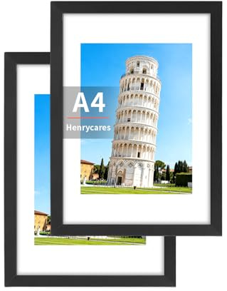 Henrycares 2 Pack A4 Picture Frames Black, Photo Frame 21x29.7 cm Wall Mountable, Poster Frame for Landscape or Portrait Display