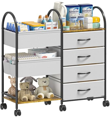 ONWAYHOME Baby Diaper Caddy Organizer Cart with Wheels, 4-Tier Rolling Diaper Cart with Dividers and Drawers, Multi-Layer Nursery Storage for Diapers & Baby Essentials